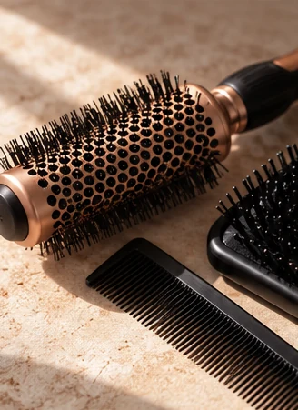 Illustrative round hairbrush, paddle brush, and comb on a stone surface.