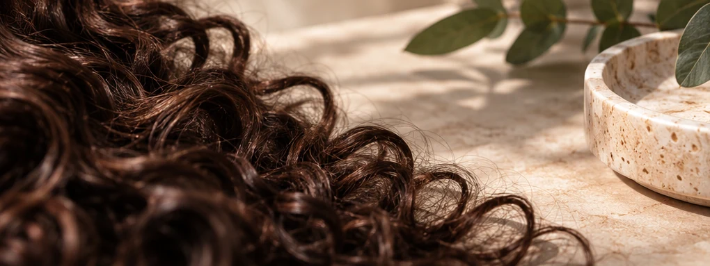Illustrative dark curls beside a stone tray and green leaves.