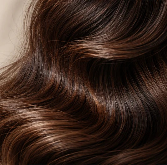 Illustrative close-up of glossy brown hair in loose waves.